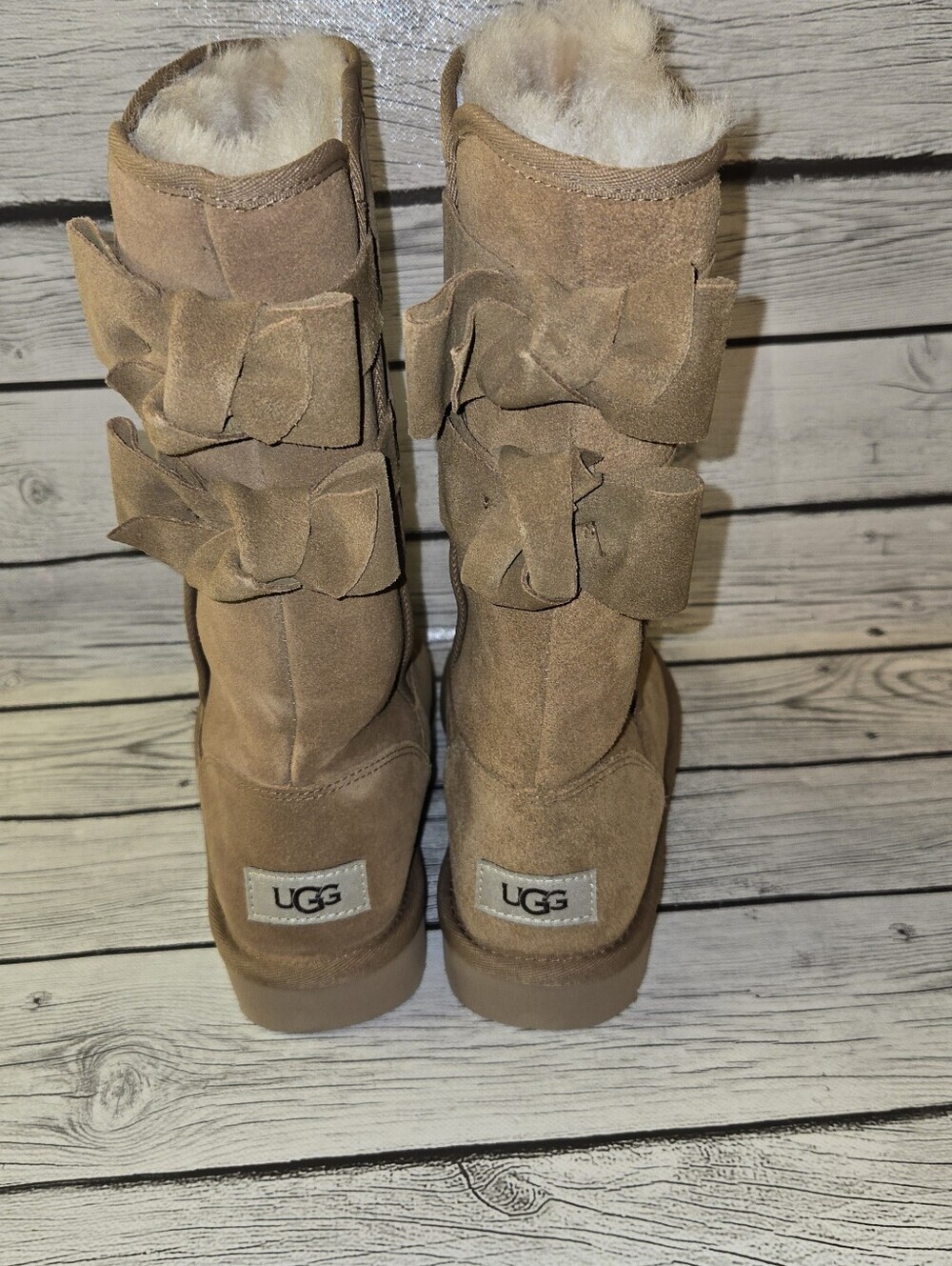 UGG Allegra Bow II Chestnut Suede Sheepskin Tall Boots Women’s Size 5